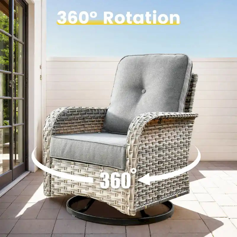OVIOS 8 Pieces Outdoor Wicker Swivel Chair Set With Solar-Powered Coffee Table