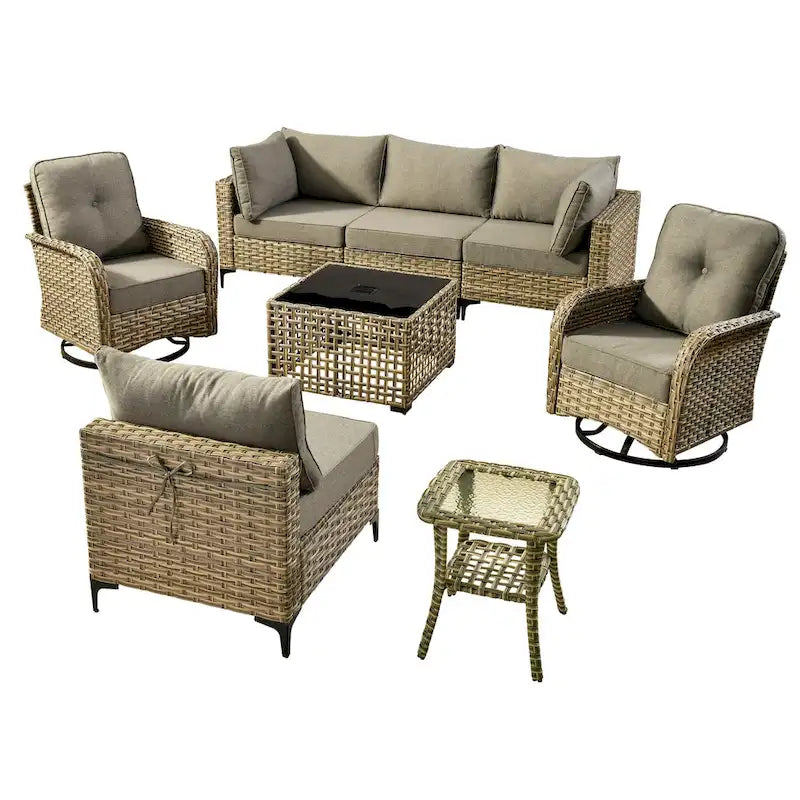 OVIOS 8 Pieces Outdoor Wicker Swivel Chair Set With Solar-Powered Coffee Table