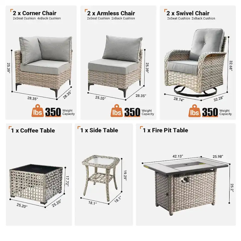 OVIOS 8 Pieces Outdoor Wicker Swivel Chair Set With Solar-Powered Coffee Table