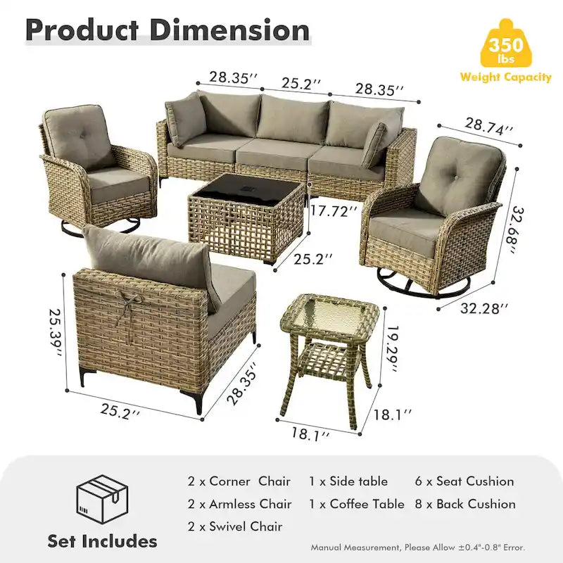 OVIOS 8 Pieces Outdoor Wicker Swivel Chair Set With Solar-Powered Coffee Table