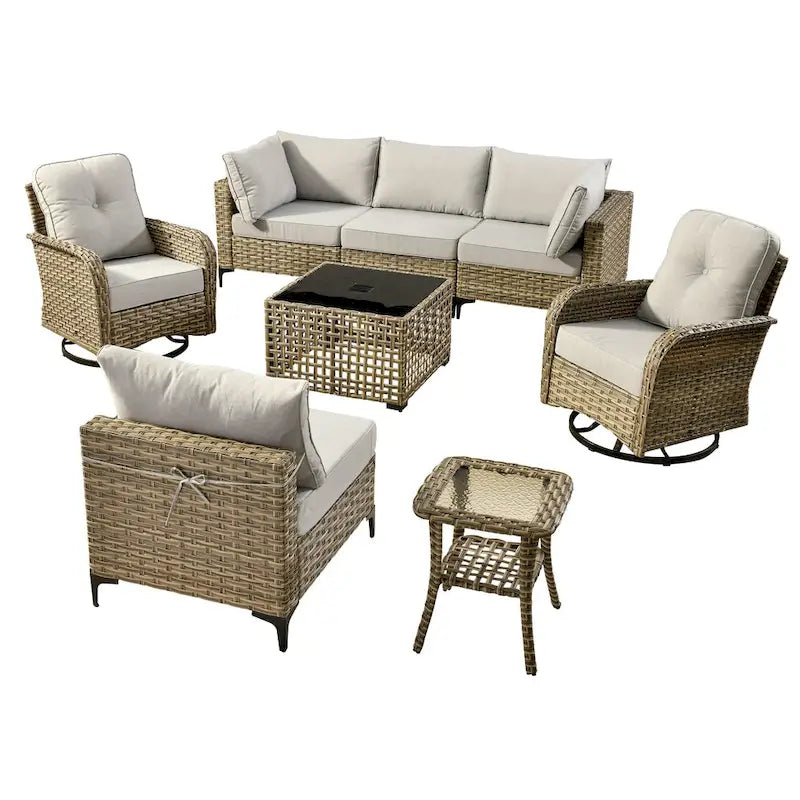 OVIOS 8 Pieces Outdoor Wicker Swivel Chair Set With Solar-Powered Coffee Table