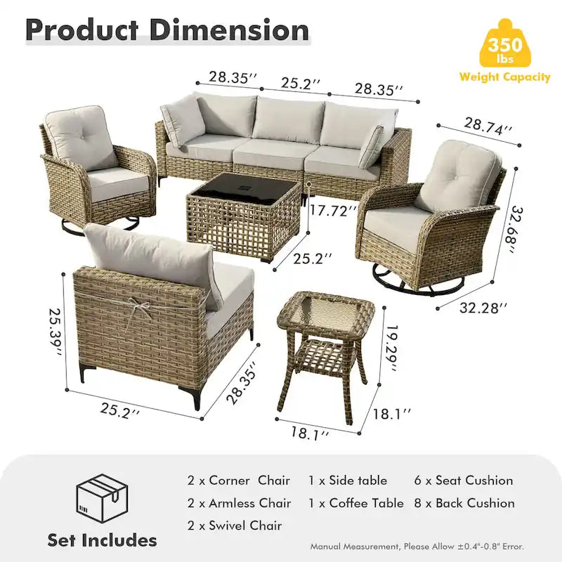 OVIOS 8 Pieces Outdoor Wicker Swivel Chair Set With Solar-Powered Coffee Table