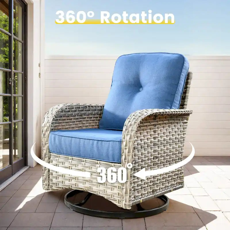 OVIOS 8 Pieces Outdoor Wicker Swivel Chair Set With Solar-Powered Coffee Table