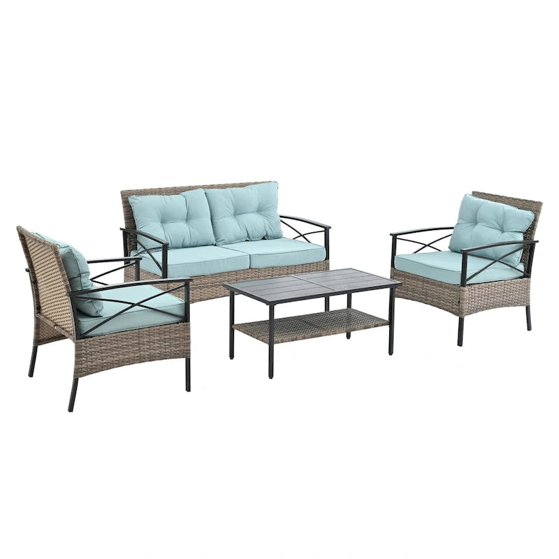 PE Wicker Four Set Wicker Seasonal Sofa with Black Metal Table
