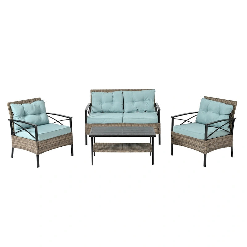 PE Wicker Four Set Wicker Seasonal Sofa with Black Metal Table