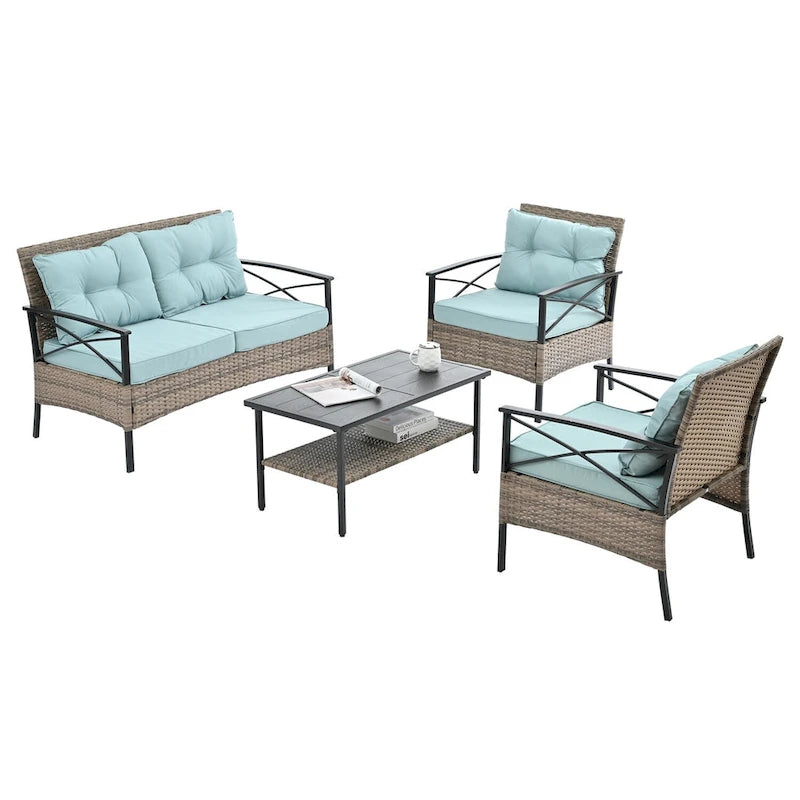 PE Wicker Four Set Wicker Seasonal Sofa with Black Metal Table
