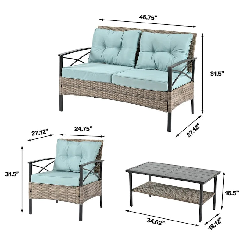 PE Wicker Four Set Wicker Seasonal Sofa with Black Metal Table